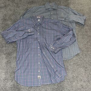 Two (2) Peter Millar Blue Multi check plaid houndstooth ls work business shirt L